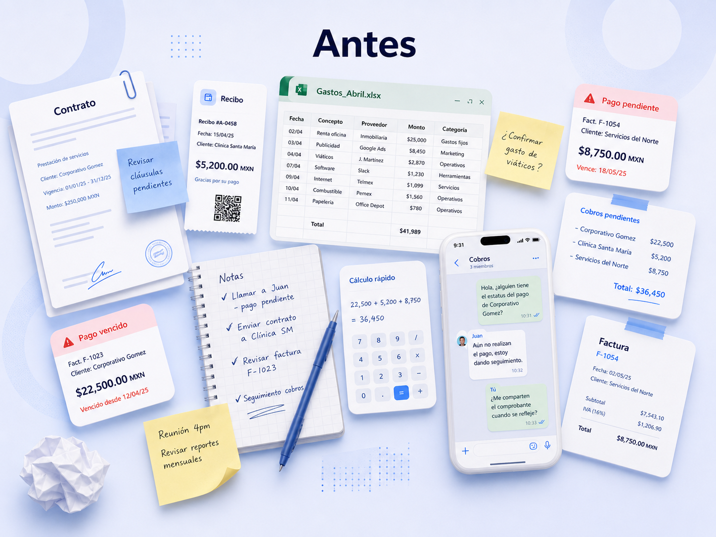 Operación dispersa con ingresos, gastos, recibos y pendientes en herramientas separadas